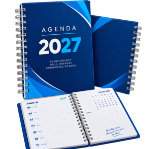 Agenda Diária 2027 Agenda Diária Capa Dura 15x21cm 4x0 (Frente Colorida, Verso em Branco) Laminação Fosca Capa e Wire-o (Personalizada) 164 Folhas (Miolo padrão não personalizável)