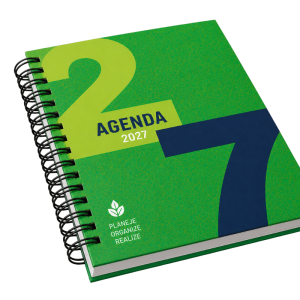 Agenda Personalizada 2027 Capa Dura (Holler 180g) 15x21cm 4x0 (Frente Colorida, Verso em Branco) Laminação Brilho Capa e Wire-o (Personalizada) 100 Folhas (Miolo personalizável)