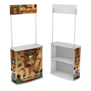 Balcão Grande PDV PP (corpo) com tampos moldados em ps 3mm 84cmx42cmx210cm 4x0 (Frente Colorida, Verso em Branco) Adesivo Vinil Brilho Hastes de PVC para testeira 4 rodinhas