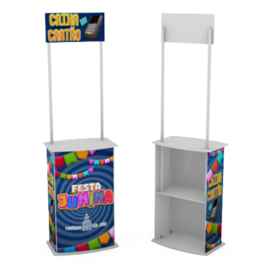 Balcão Pequeno PDV PP (corpo) com tampos moldados em ps 3mm 68cmx38cmx210cm 4x0 (Frente Colorida, Verso em Branco) Adesivo Vinil Brilho Hastes de PVC para testeira 4 rodinhas