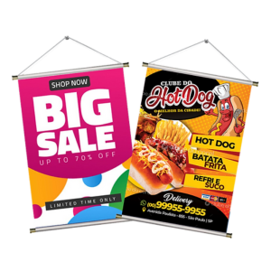 Banner em Lona Terceirizado Lona 440g Personalizado 4x0 (Frente Colorida, verso preto) Lona Brilho Bastão 16mm, Fio e Ponteiras Sem verniz