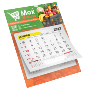 Calendário de Parede com Bloco 2027 Supremo 300g 27x20 cm 4x0 (Frente Colorido e Verso branco) Sem Verniz Furo 5mm e Ilhós + Bloco 12 meses Calendário com Bloco de Calendário