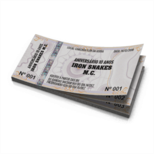 Ingresso para Eventos Papel Filigranado 120g 10x5cm 4x0 (Frente Colorida, verso branco) Sem verniz Serrilha + Fita Holográfica 