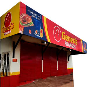 Troca de Lona em Fachada Lona 440g (Starflex) Personalizado 4x0 (Impressão frente, verso sem impressão) Brilho Total Com Aplicação de Verniz Automotivo Estrutura não inclusa (mesmo local)