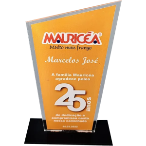 Troféu em Acrílico Acrílico Cristal 2,0mm 10x15cm 4x0 (Frente Colorida, Verso em Branco) Adesivo Vinil Retroverso Corte Laser Base em Acrílico