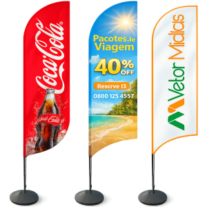 Wind Banner Tamanho M Tecido BlackLight Promo 180x68cm Personalizado 4x4 (Frente e Verso Colorida) Sem Brilho Base Cimento, Haste Metálica e Costura Tecido Retirada na Loja